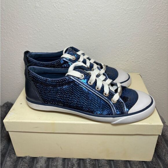 Coach Women's EUC Navy Blue Sequin Sneakers with white trim. Size 6 - Picture 3 of 15